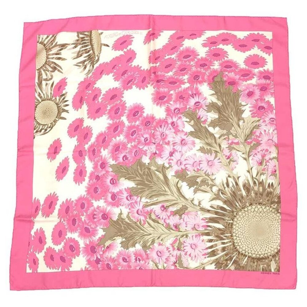 Hermes Scarf Carre 90 Fleurs Et Carlines II Bouquet Of Sunflowers Pink